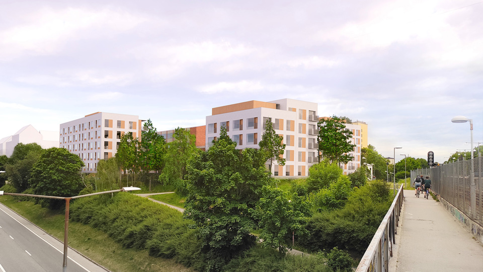 Vy från bro över bilväg mot flerbostadshus, till göer i bild syns tunnelbanespår, illustration.