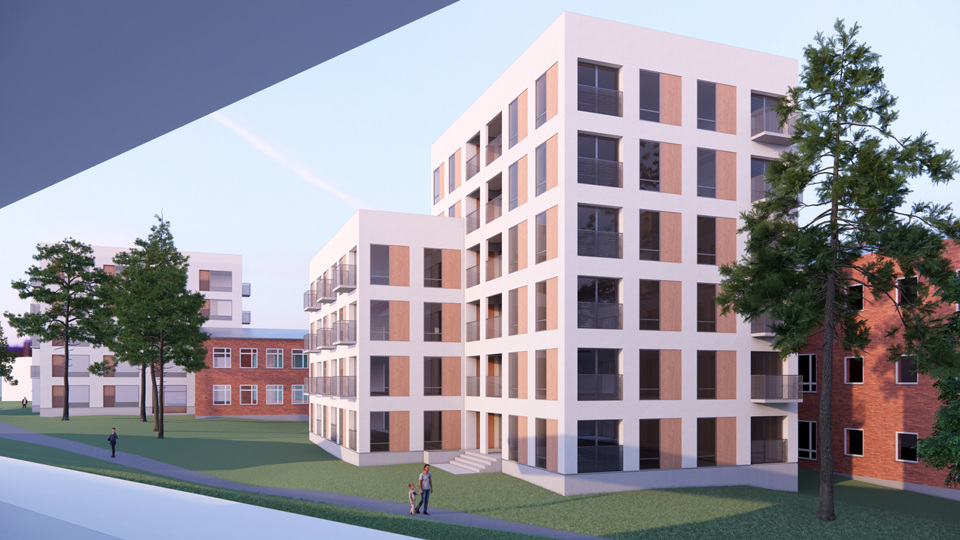 Flerbostadshus, gångväg, illustration.