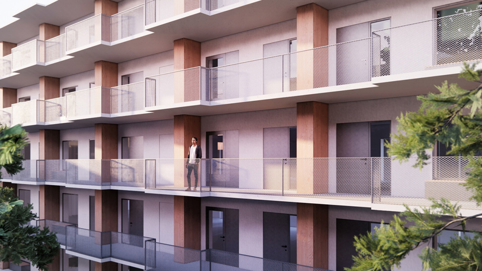 Flerbostadshus med loftgångar, illustration.