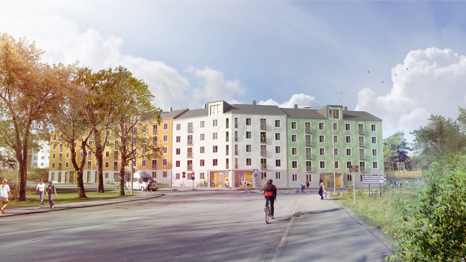 Bostadsområde, människor rör sig i området, illustration.