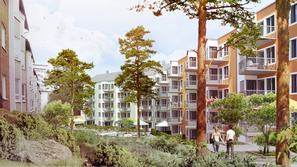 Grönskande innergård med flera bostadshus med balkonger, par promenerar, illustration.