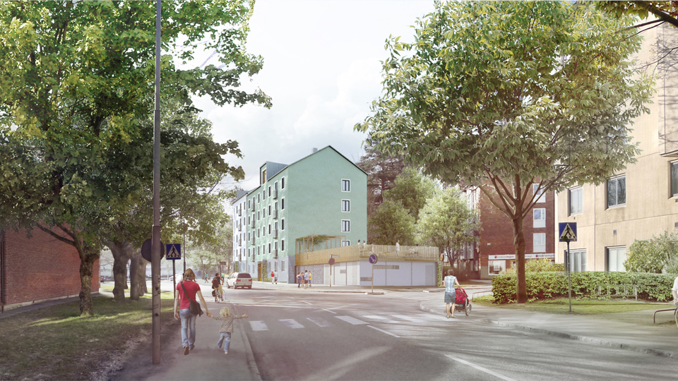 Bostadsområde, personer promenerar, illustration.