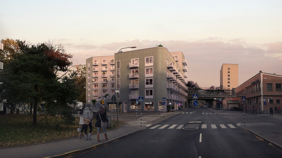 Gata med flerbostadshus. Människor som promenerar på trottoar, illustration.