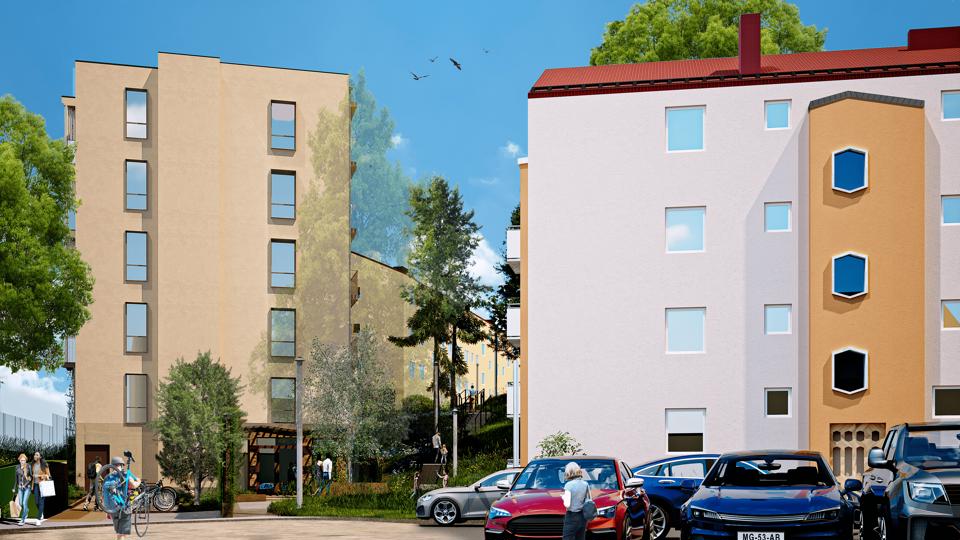 Visionsbild. Till vänster syns föreslaget hus från gaveln. Huset har ljus träfasad och två kolumner fönster. En ingång finns via gaveln.