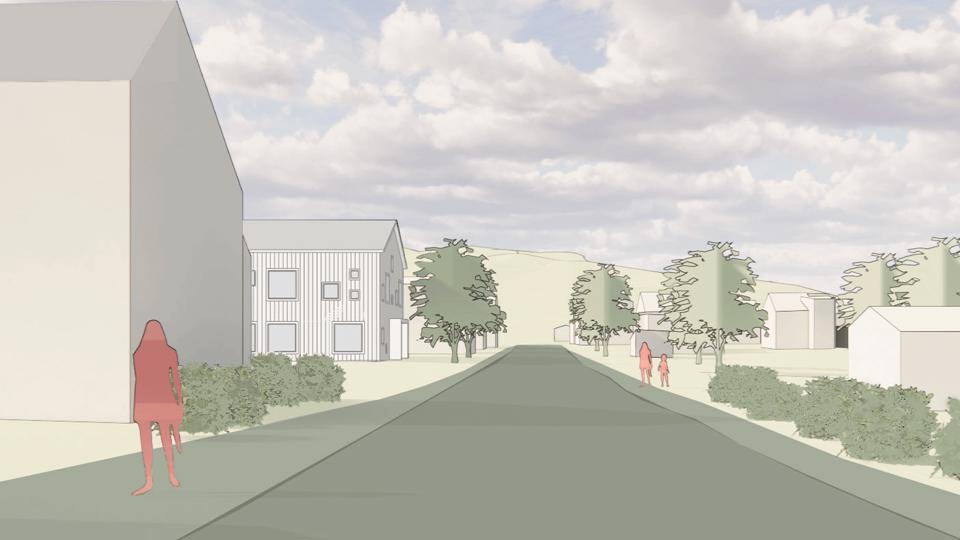 Gatuvy i ett bostadsområde, illustration.
