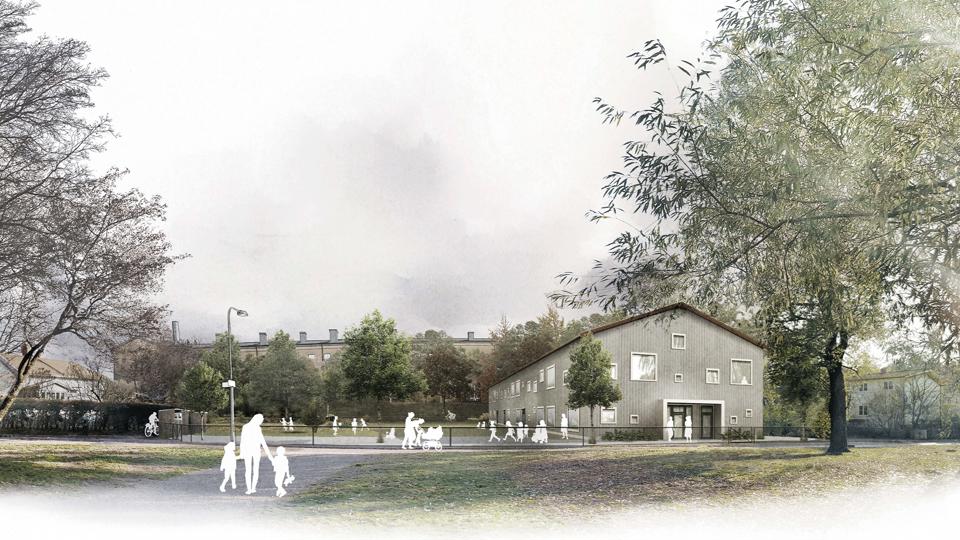 Förskola och andra hus, människor som rör sig i området, illustration.