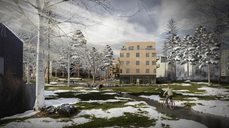 Gaveln på ett studentbostadshus med ljusbrun fasad, omgivet av träd, grönområde och gångväg. Människor i rörelse. Illustration