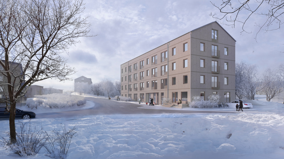 Ett flerbostadshus sett från korsning. Vinterlandskap med snö, människor i rörelse. Illustration