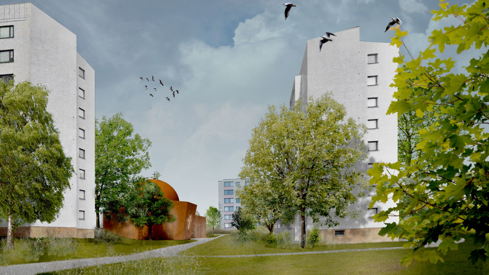 Område med flerbostadshus med kringliggande grönytor, bakom skymtar en kyrkbyggnad i brunt med kupolformat tak, illustration.