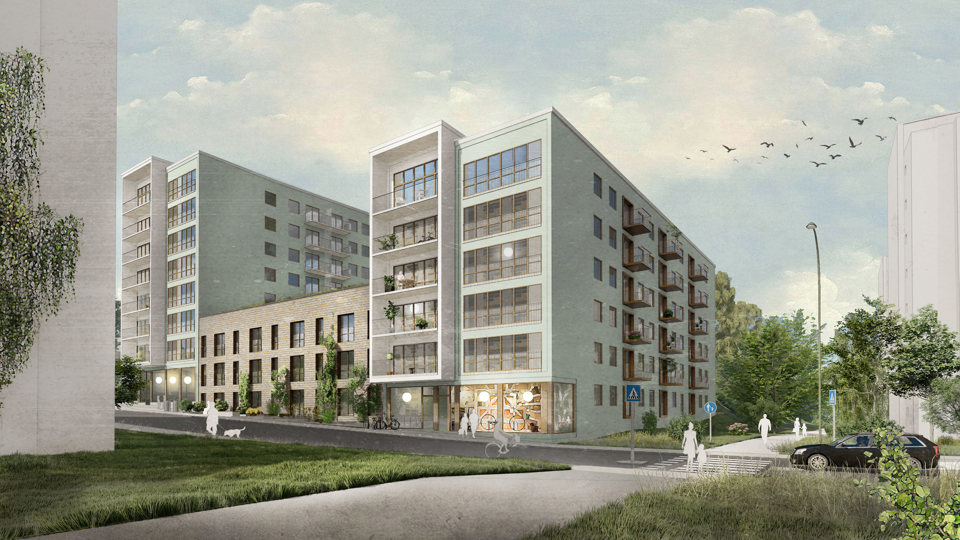 Vy mot flerbostadshus i olika nivåer, illustration.