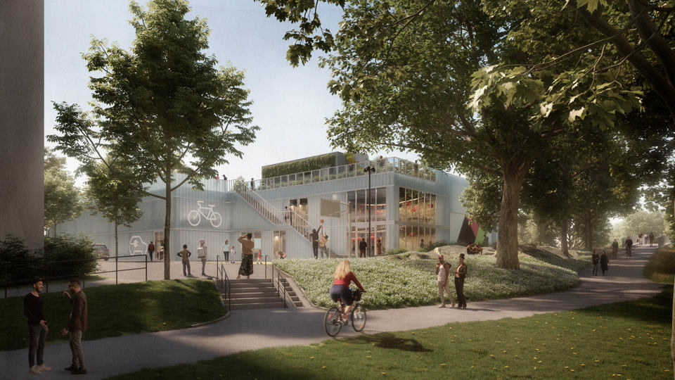 Gångstråk, grönytor och i bakgrunden syns bil- och cykelgarage. Människor i rörelse, illustration.