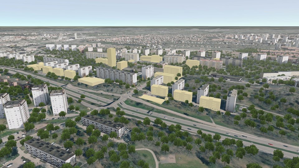 3d-vy över planförslaget med ny bebyggelse markerat i gult, illustration.