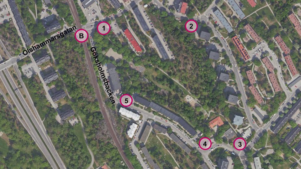 Ytor med nummer 1 till 5 är upprustningar av entréer till Hagdalens stadsdelspark. Ytan med B är upprustning av ytan under bron. 