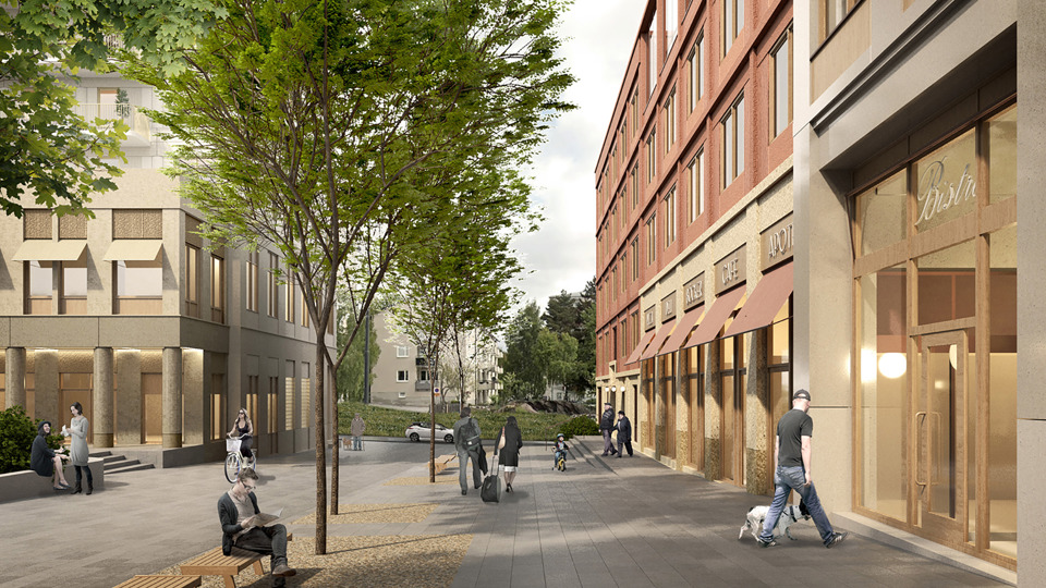 Visionsbild, vy mot Rangstagatan. En stenlagd trottoar med trädplanteringar längs gatan till vänster. Till höger en husfasad i orange-rött med flera portar mot gatan. Människor i rörelse. Illustration. 