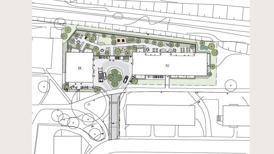 Karta över de föreslagna byggnaderna som ligger mellan befintliga byggnader och tunnelbanespår. Illustration