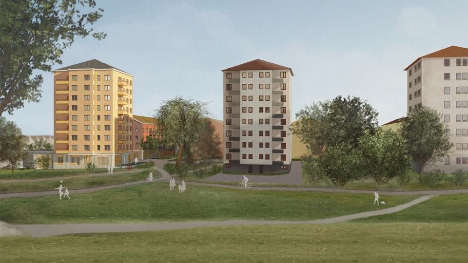 Vy över tre punkthus med nio våningar. Framför husen en park med gräsytor och gångbanor. Illustration