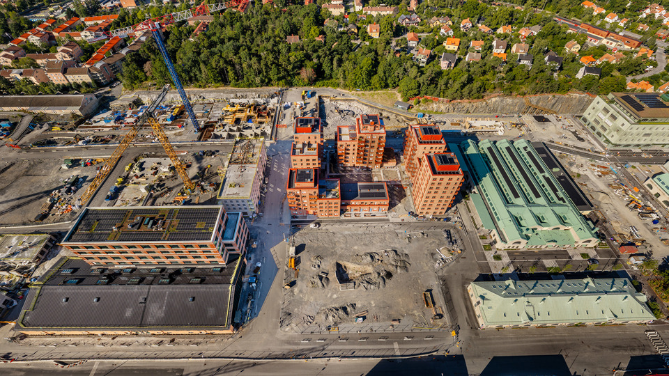 Slakthusområdet flygbild från juli 2026 mot västra delarna.