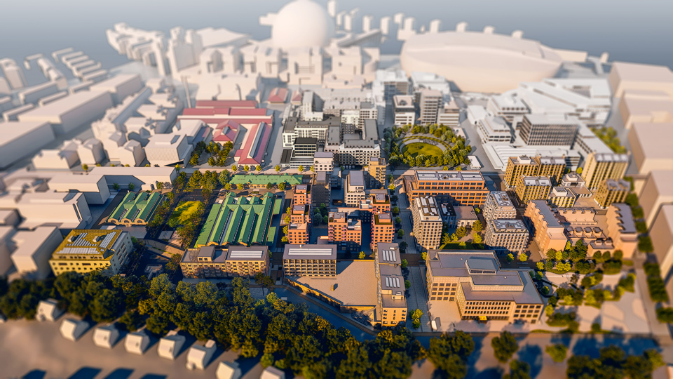 3D-vy över Slakthusområdet planerat för år 2030 med fokus på etapp1.