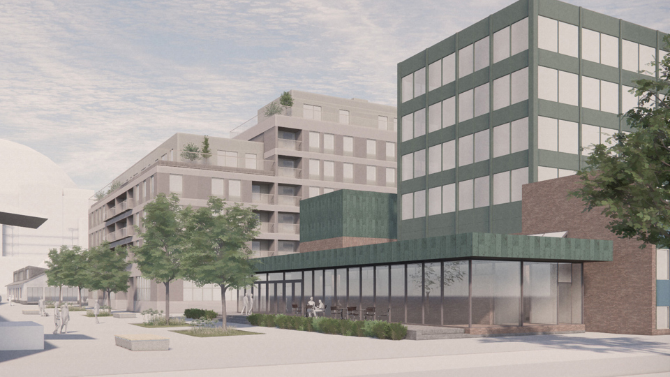 Visionsbild 2B Centrala kvarteren med Hjälpslaktaren 2, Hus 35 och Hjälpslaktaren 4 mot Hallvägen och Styckmästargatan. Illustration: Kjellander Sjöberg