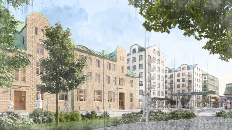 Visionsbild sett från Hallvägen med Slakthusplan i förgrunden. Flervåningshus i vitt och tegel.