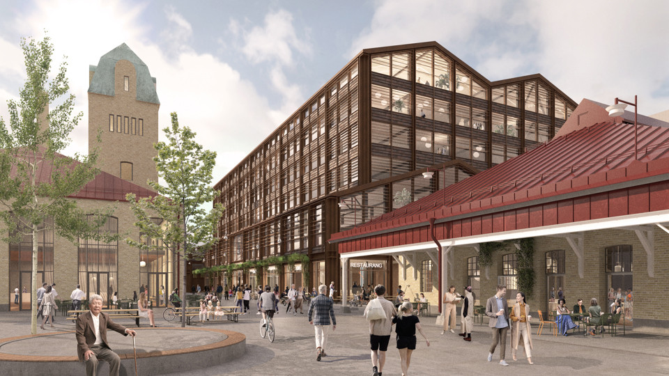 Ett torg med en rund sittplats i mitten. Runt torget finns ljusgula tegelbyggnader med röda tak samt ett högre trähus med mycket fönster. Illustration.