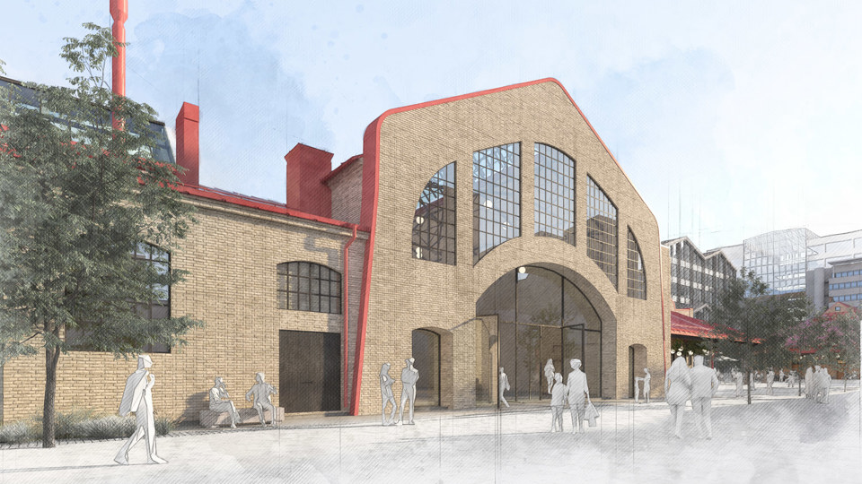 Visionsbild från Styckmästargatan och södra entrén till Förbindelsehallen. Illustration:TMRW/ElinderSten
