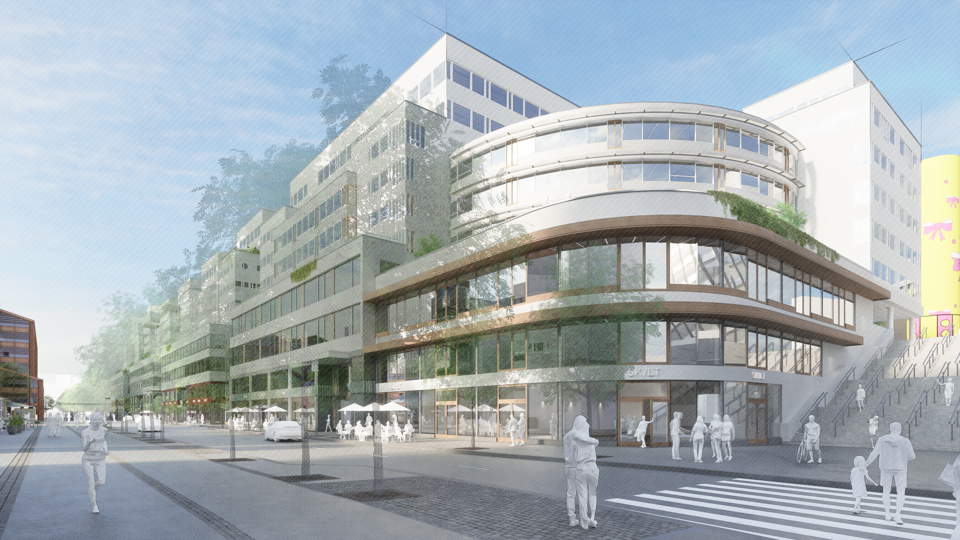 Visionsbild ombyggda Arenavägen mot norr med Globen Shopping till höger. Illustration: Wester+Elsner