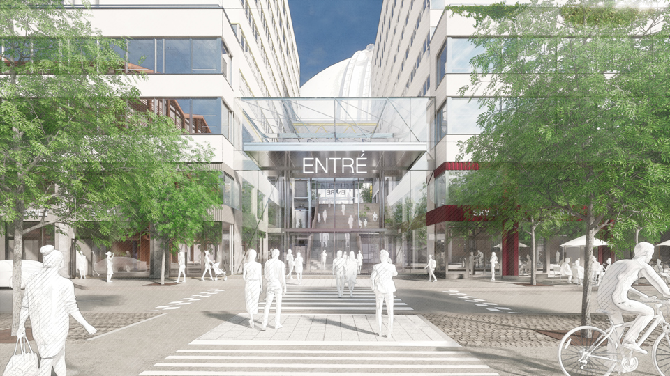 Visionsbild ny passage mitt på Arenavägen mot Globenområdet med entré till gallerian. Illustration: Wester+Elsner