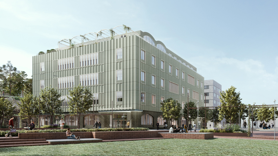Visionsbild på 2C Gymnasiekvarteret med gymnasieskolan sett från parken Fållan. Illustration: Cedervall arkitekter