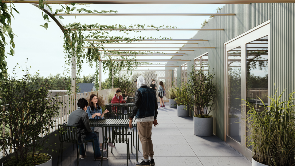 Visionsbild på gymnasieskolans terrass mot bergskanten vid Lindevägen. Illustration: Cedervall arkitekter