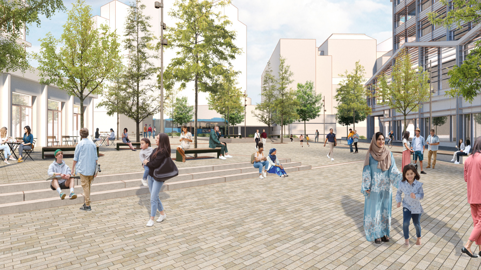 Visionsbild Norra entrétorget. Från Rökerigatan mot Arenavägen och Globen Shopping. Illustration: Landskapslaget