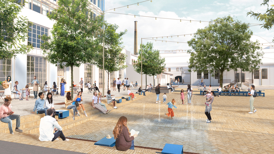 Människor sitter på ett torg. Barn leker i vattenstrålar. Runt torget finns vita hus och restauranger. Illustration.