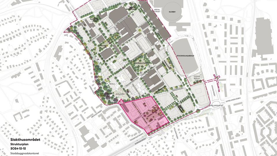 Strukturplan för Slakthusområdet med etapp 3 markerad med röd linje. 