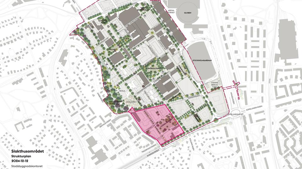 Strukturplan för Slakthusområdet med etapp 3 markerad med röd linje. 