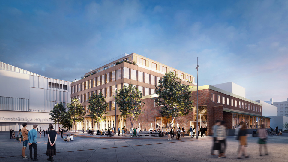 Visionsbild 4A med nya kontorsbyggnader för centrum och service. Illustration: White Arkitekter