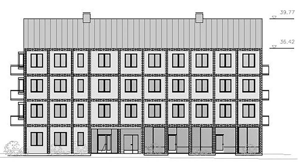 Fasad på fyrvåningshus i tegel med balkonger på kortsidorna av huset.  Illustration, ritning.
