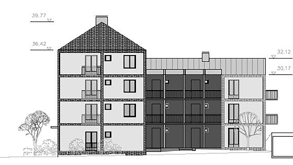 Fasad på fyrvåningshus i tegel med loftgångar och balkonger på kortsidorna av huset.  Illustration, ritning.