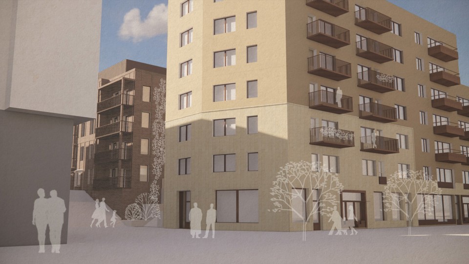 Tidig visionsbild av kvarter I. Vy från huvudgatan. Bild: Semrén + Månsson
