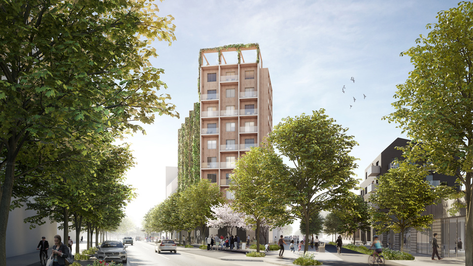 Allé med bilväg, människor i rörelse, vy mot högt flerbostadshus i trä med balkonger och takterrass, illustration.