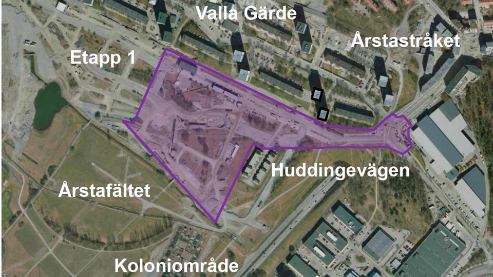Översikt över området med detaljplaneområdet markerat med lila.