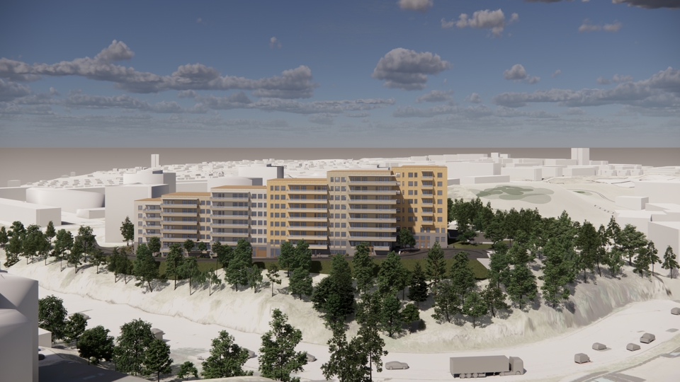 En flygvy över flera flerbostadshus som ligger på en höjd, omgiven av träd. Nedanför går en väg med trafik. Annan bebyggelse syns i bakgrunden. Illustration
