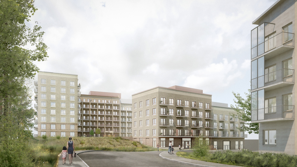 Flervåningshus i ljusa färger invid väg kantad av träd och buskar, illustration. 