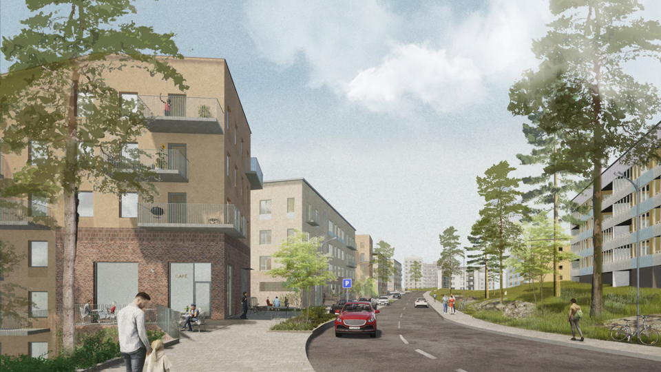 Flervåningshus i ljusa färger invid väg kantad av träd och grönområden, illustration. 