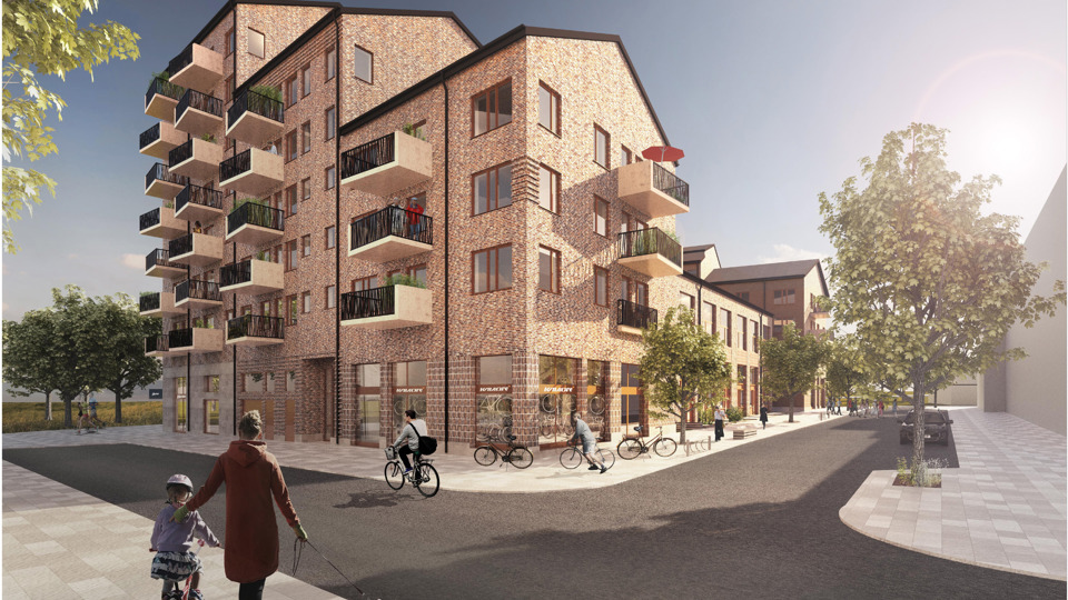 Ett flerbostadshus ljust tegel och olika etagestorlekar från  cirka 3-6 våningar. Gata och gångstråk invid huset. Människor som går och cyklar. Träd. Illustrationer