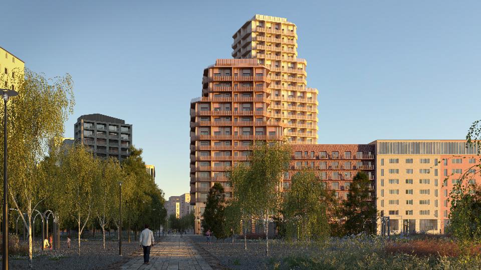 Höga bostadshus med balkonger. Gångväg, träd och planteringar. Illustration.