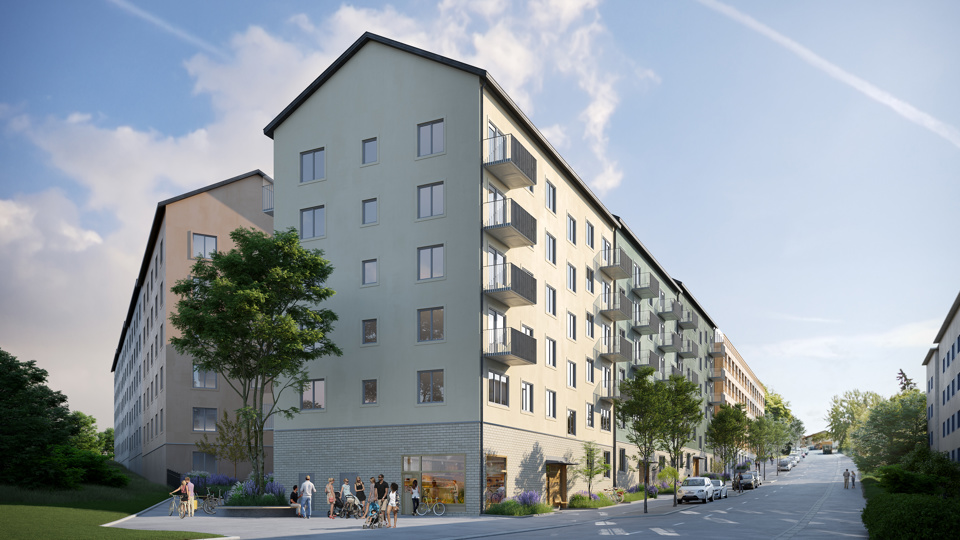 Väg längs bostäder, människor promenerar, illustration.