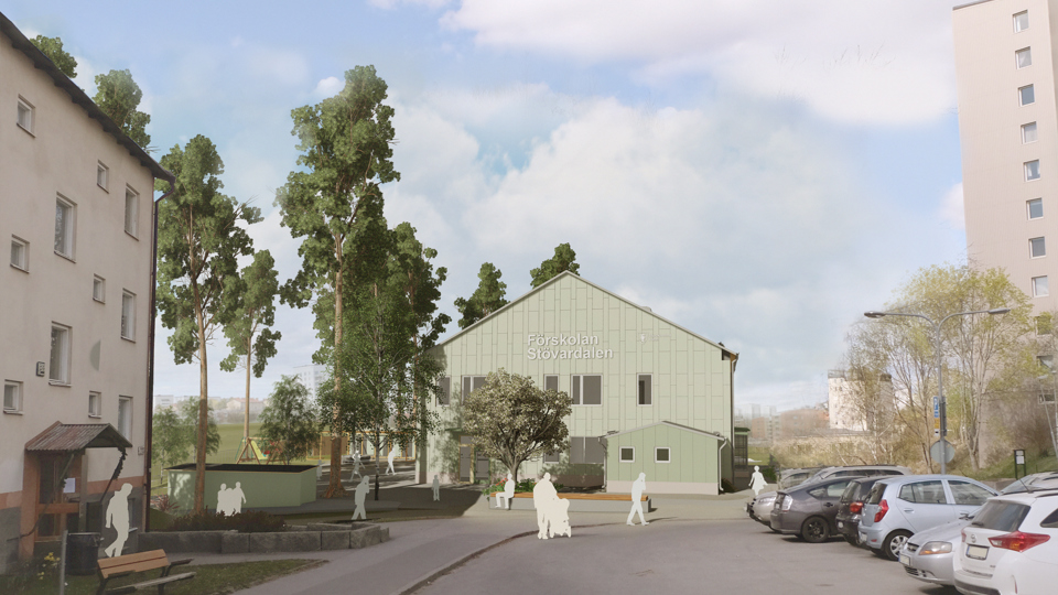 Vändplan med parkeringsplatser, flerbostadshus, förskolebyggnad, människor i rörelse, illustration.