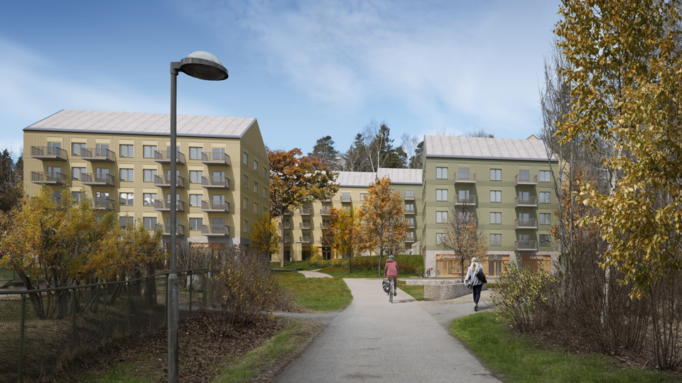 Vy mot område med flerbostadshus, gång- och cykelväg, människor i rörelse, träd, illustration.