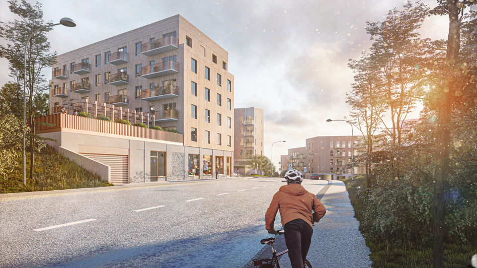 Gata med bilkörfält, trottoar, flerbostadshus med upphöjd gård och verksamhetslokaler i bottenvåning, flera hus i bakgrunden, cyklist i förgrunden, illustration.