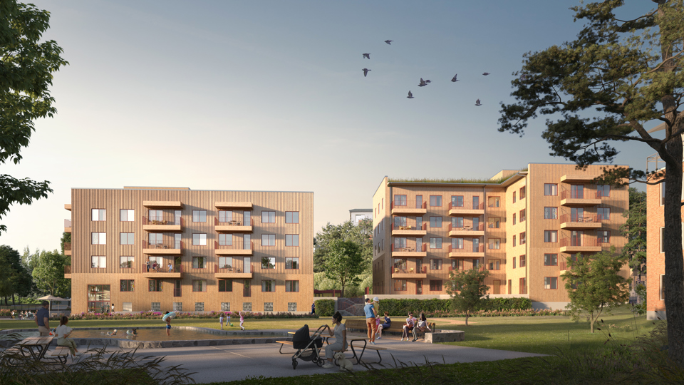 Vy mot flerbostadshus, i förgrunden parkyta med plaskdamm och sittplatser, illustration. 